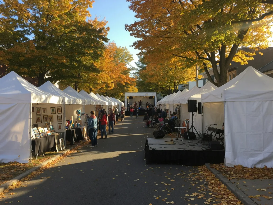 The Jenkintown Festival of the Arts on a sunny late-September afternoon, with rows of white artist tents stretching down the tree-lined town square, visitors browsing artwork, and a music stage at the end of the block