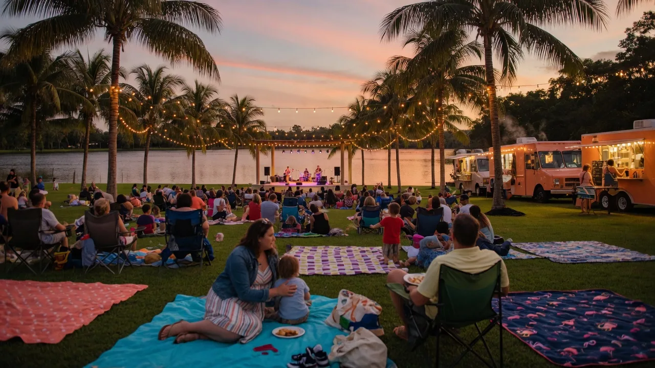 An evening outdoor concert at a Palm Beach County lakeside amphitheater with string lights and a crowd on the lawn