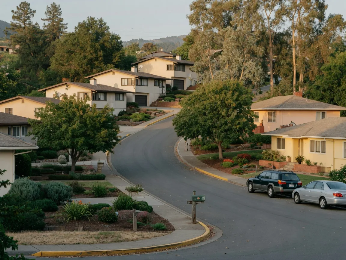 A quiet curved street in the Castro Valley hills with mid-century and newer homes