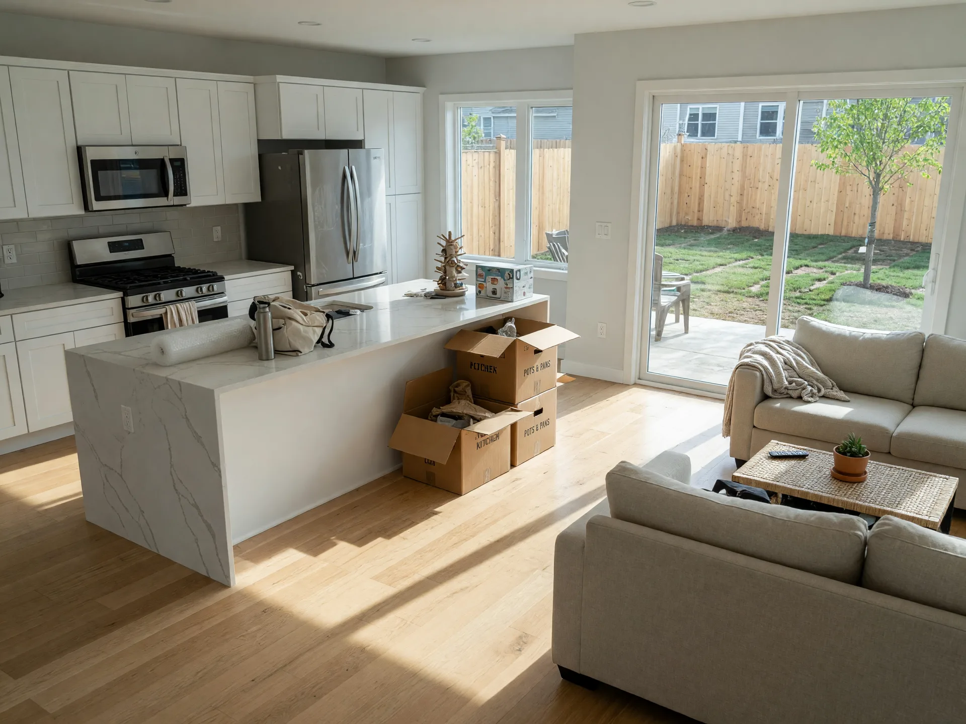 Open-concept kitchen and family room in a larger newer suburban home with sunlight streaming through sliding glass doors and a few moving boxes by the island