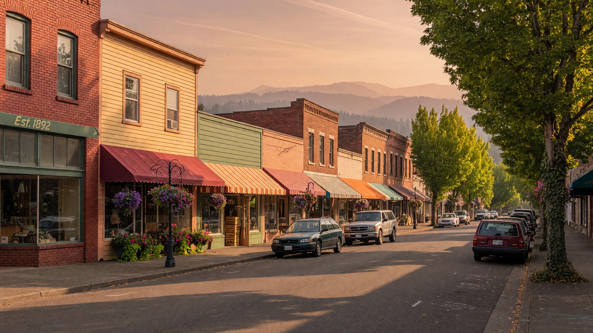 Old Town Sherwood's historic storefronts and hanging flower baskets at golden hour with the Tualatin Valley hills behind them
