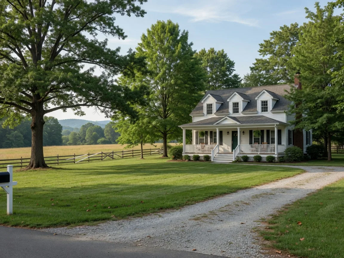 A farmhouse on a large, wooded lot in a rural-residential Northern Virginia community with a front porch and mature shade trees