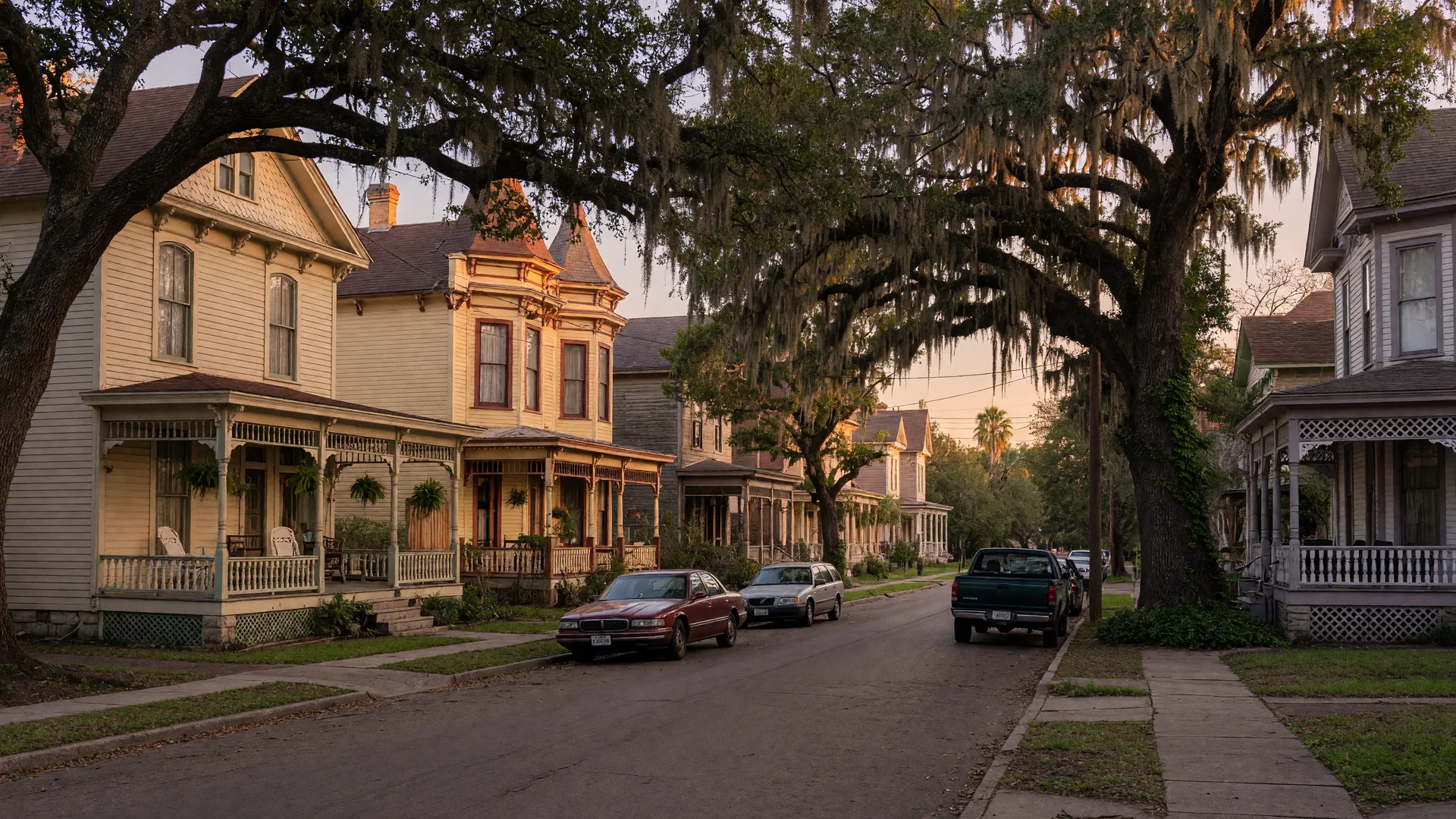 A wide San Antonio street lined with grand Victorian mansions and restored cottages under live oaks at golden hour, near the river, in the San Antonio home inspection service area of Rodeo Home Inspections
