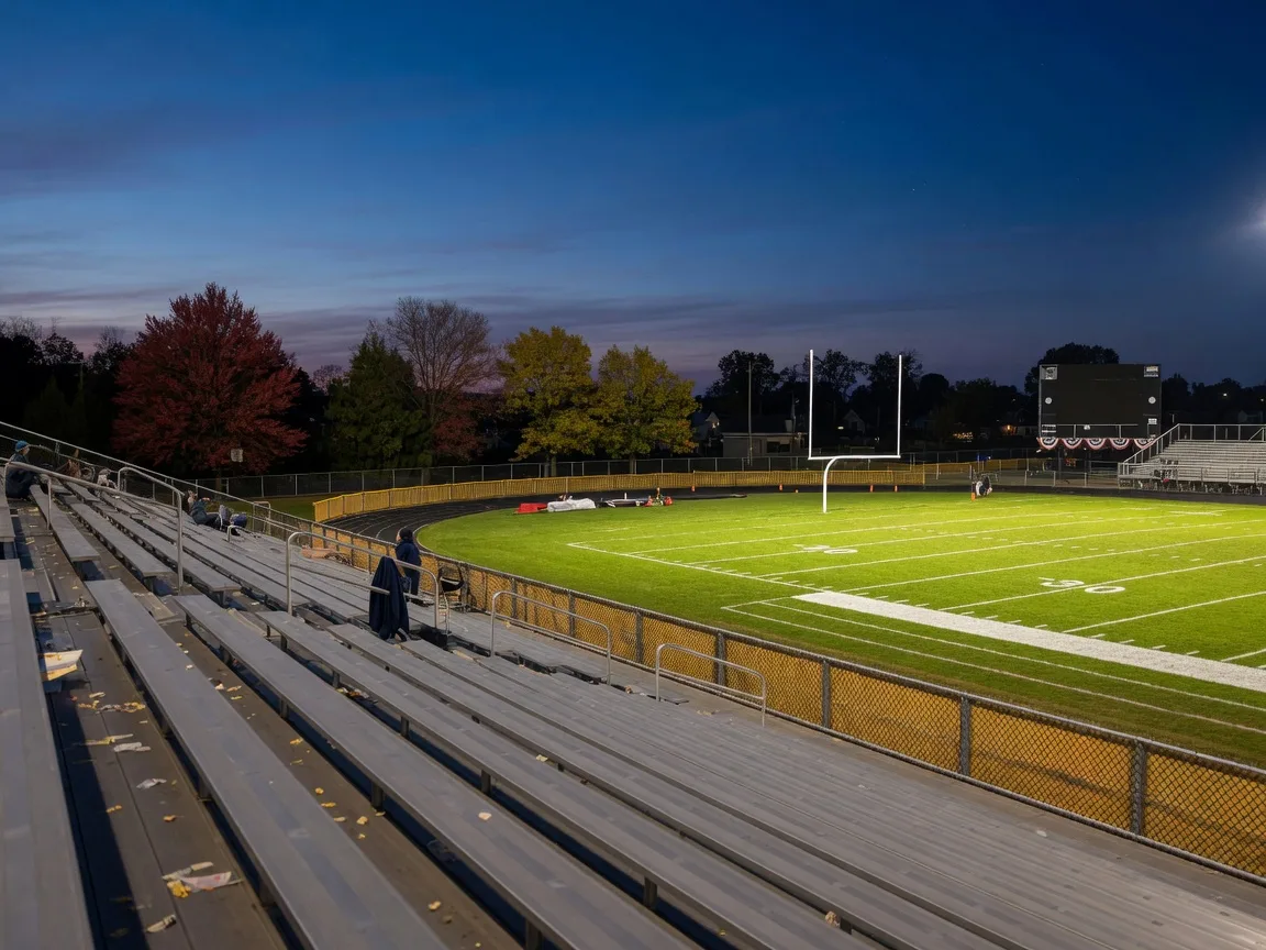 Zephyr Stadium lights glowing over the football field on a late-September evening