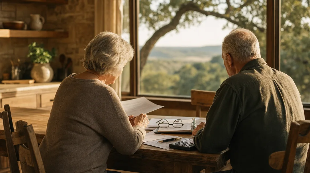 A retired couple reviewing estate planning documents and a trust binder at a rustic wooden kitchen table in a Texas Hill Country home, warm afternoon light