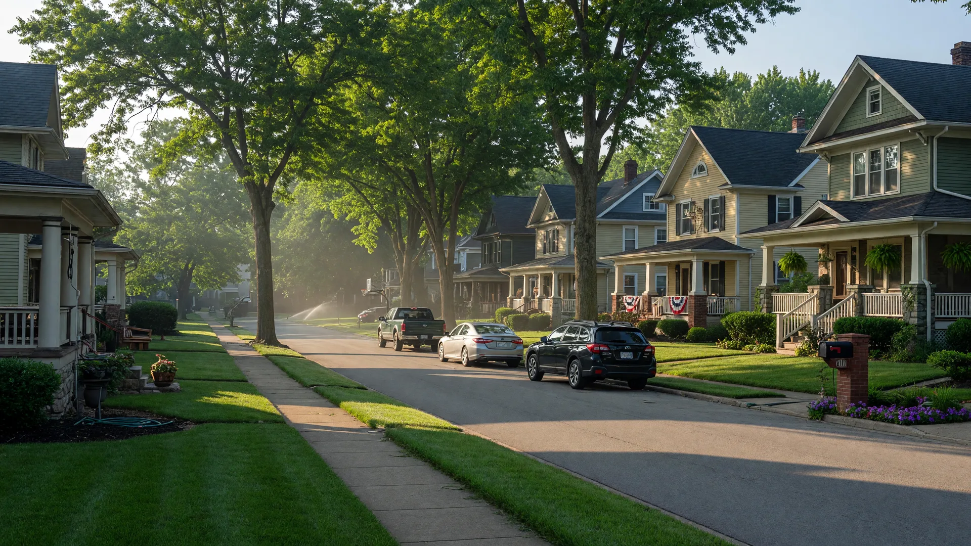 Leafy residential street in Crown Point, Indiana with well-maintained craftsman and traditional homes, manicured lawns, and mature trees on a sunny summer morning