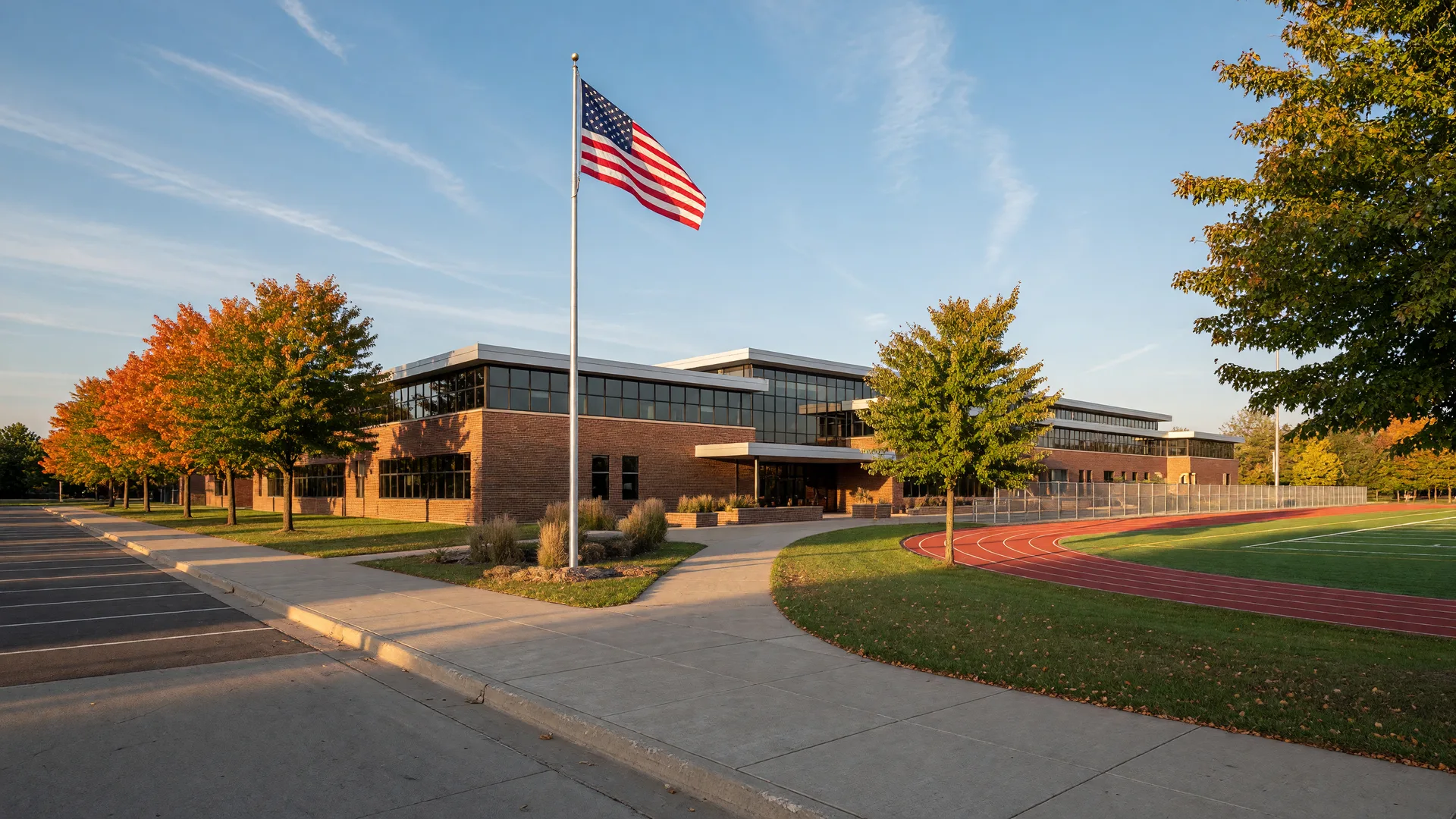 Modern rural Minnesota high school campus with athletic fields in autumn