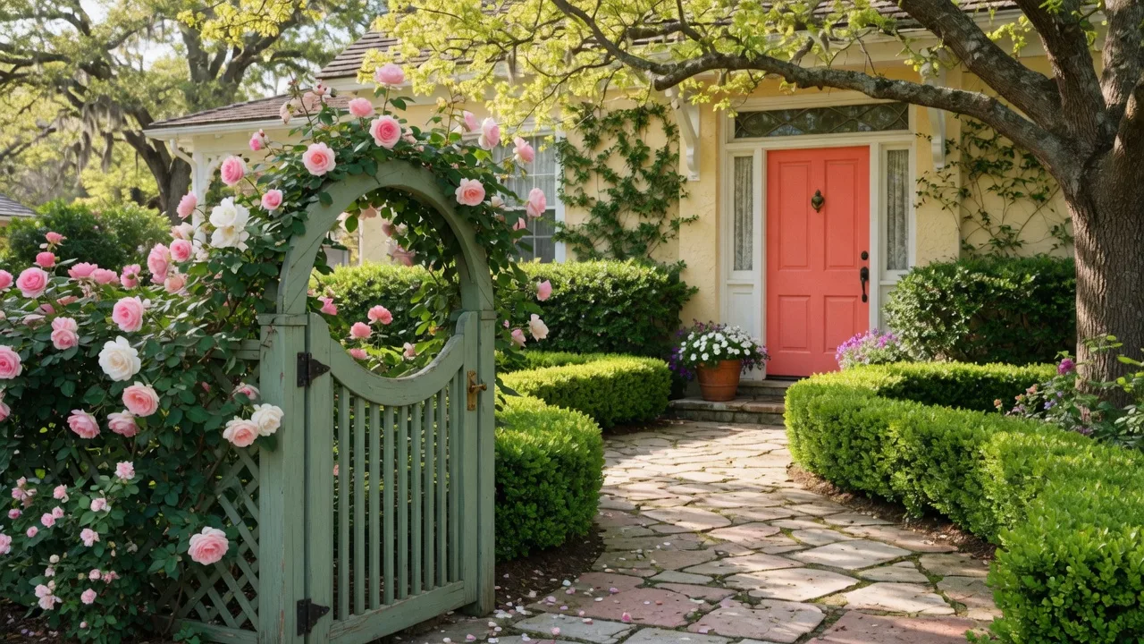 A charming heritage home entrance in Winter Park, Florida, with climbing roses over an arched garden gate