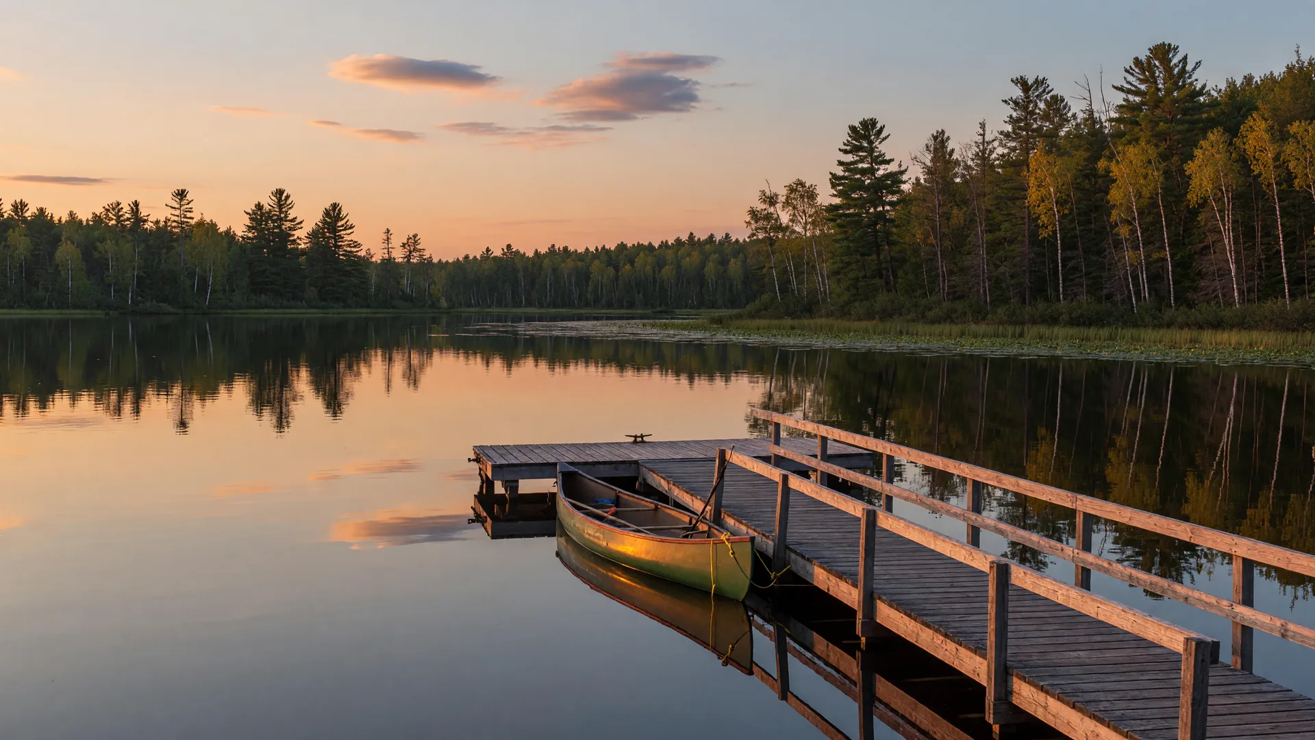 Golden hour on a Northwoods lake with a wooden dock and canoe near Spooner, Wisconsin
