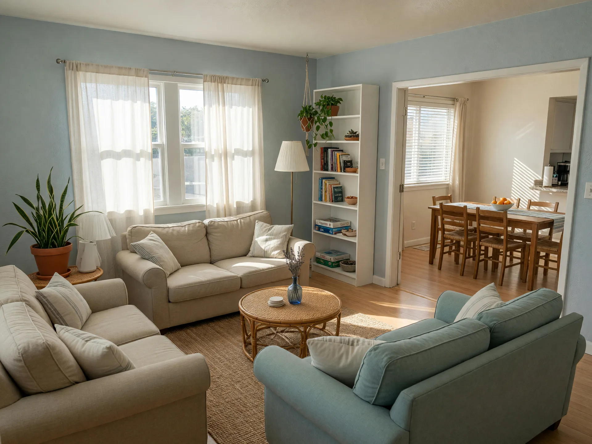 A bright, tidy communal living room in a San Diego sober living residence, with seating arranged for group meetings