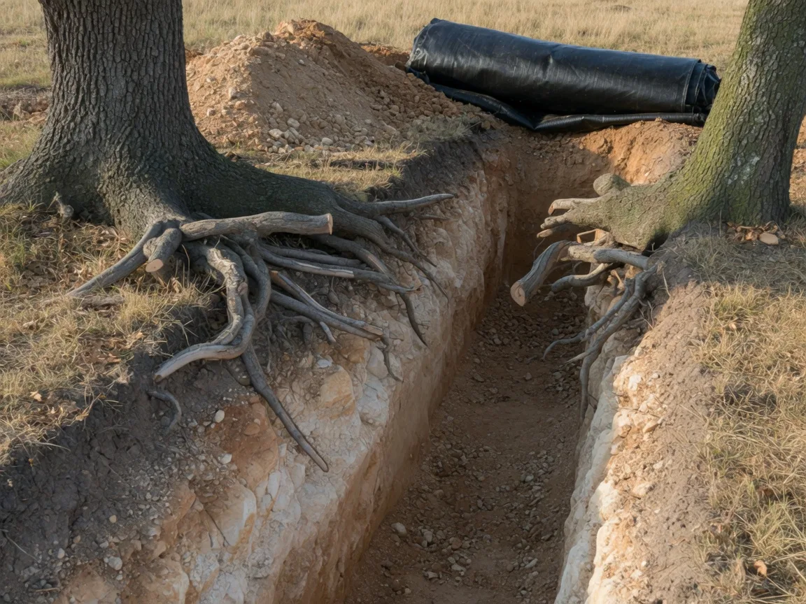 A narrow containment trench cut between live oaks in limestone-rich Hill Country soil, the way root grafts are severed to stop underground spread