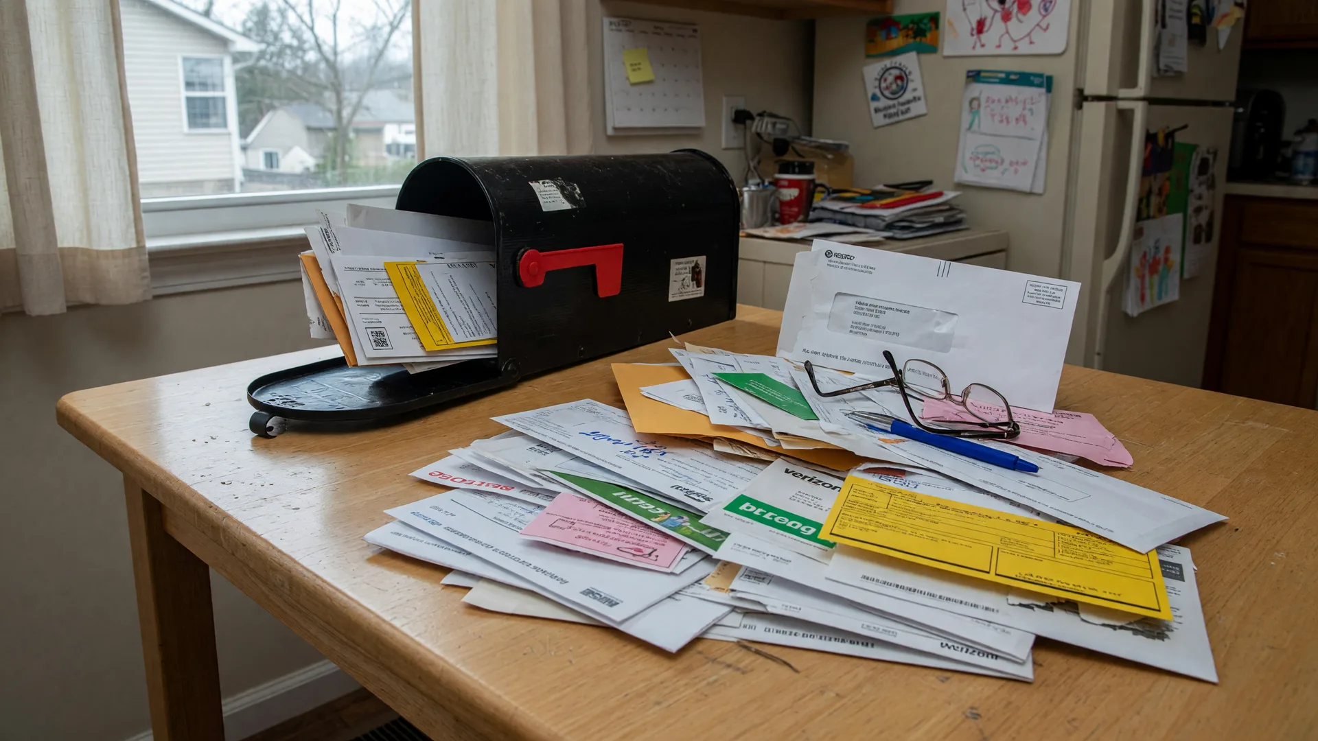 A stack of opened mail and utility bills spread across a wooden kitchen table in a quiet suburban Maryland home, representing the financial obligations that continue during probate