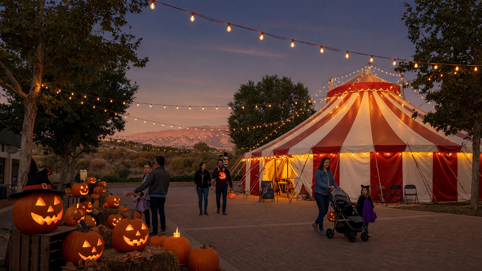 A Halloween-season community evening in a Santa Clarita Valley plaza with a glowing circus tent, pumpkins, and string lights at dusk