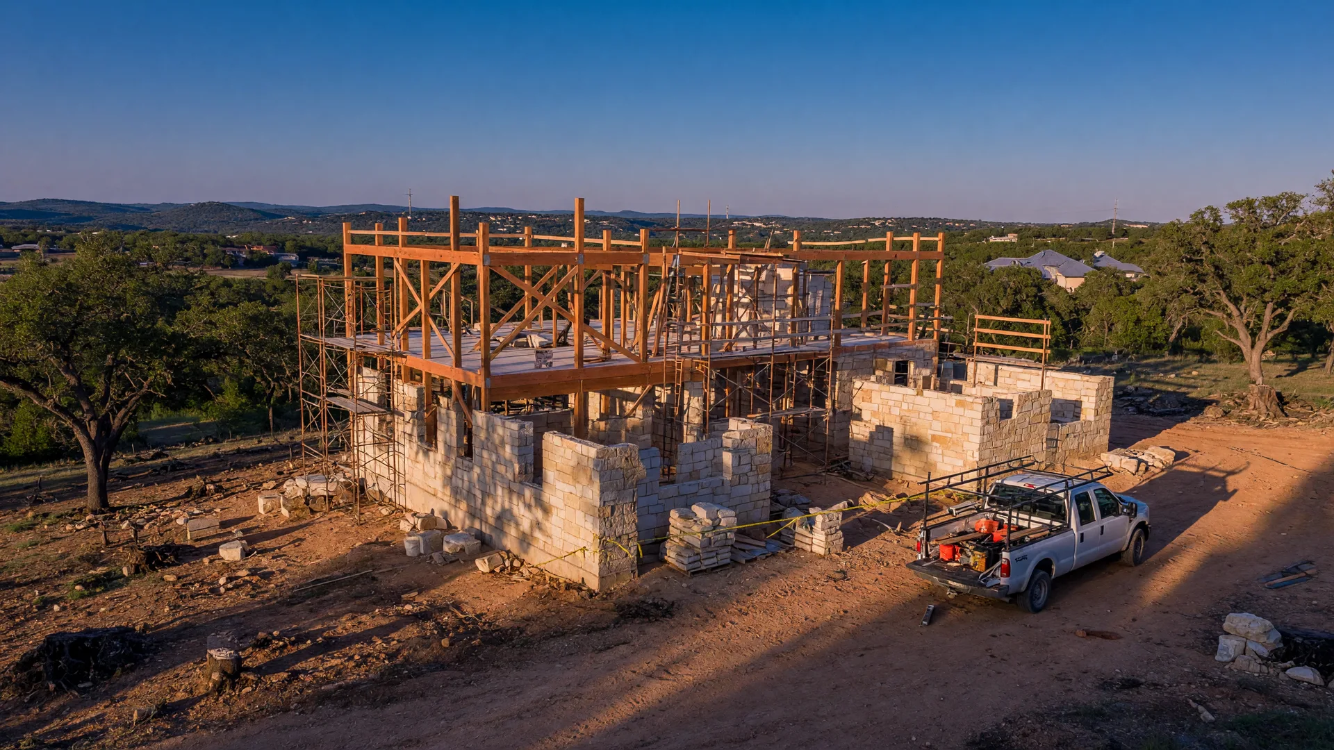 A timber-frame and limestone custom home under construction on a Hill Country hillside