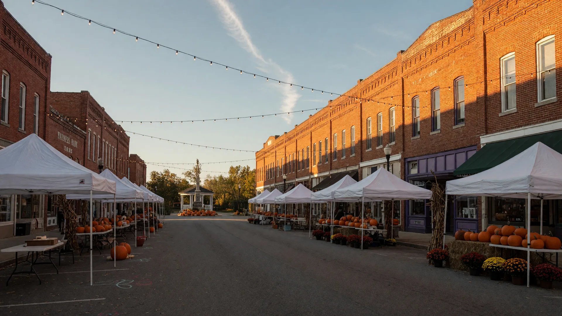 White vendor tents and string lights lining a historic red-brick small-town main street with pumpkins and mums at storefronts in golden October light