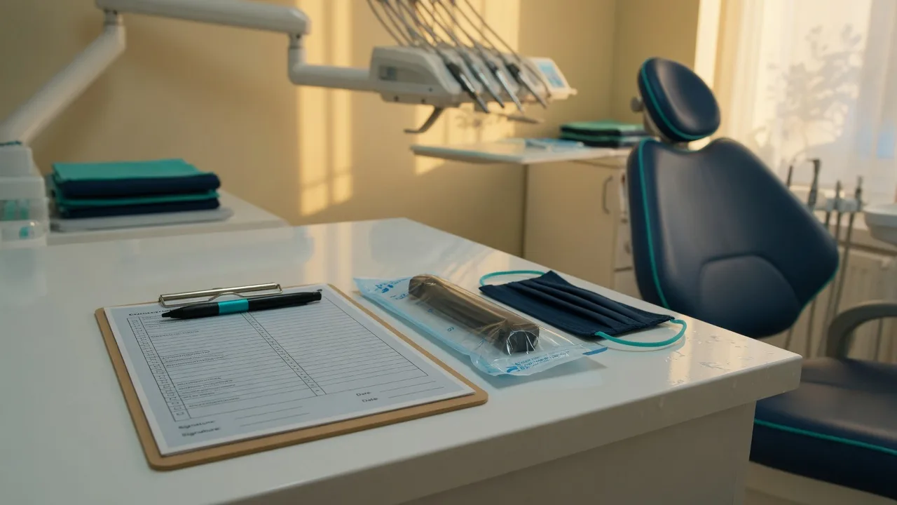 Compliance inspection checklist on a clipboard resting on a dental operatory counter, with a wrapped instrument cassette and a dental chair softly blurred in the background