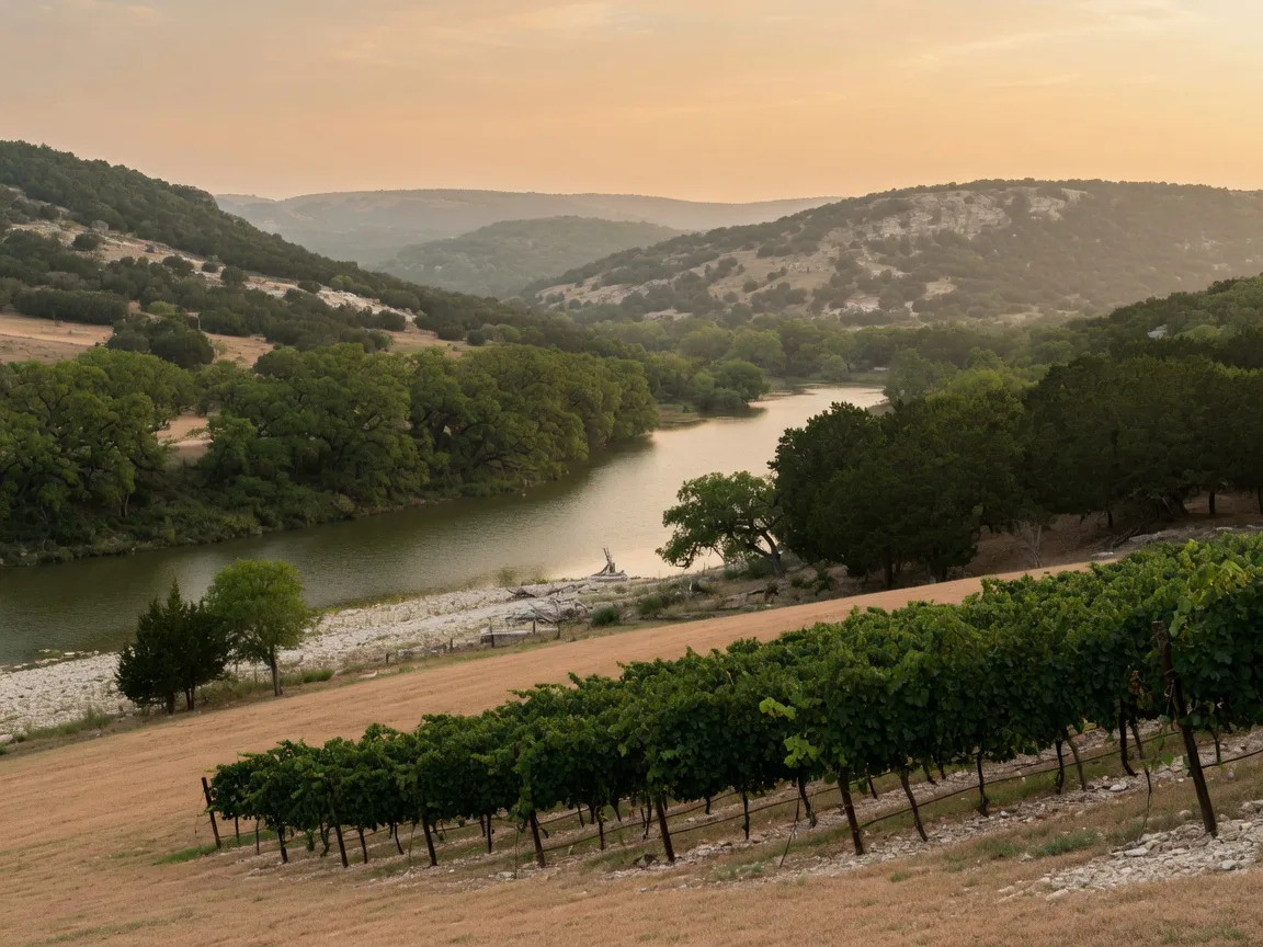 Vineyard rows in the foreground with the tree-lined Guadalupe River valley and limestone hills near Comfort, Texas, at golden hour