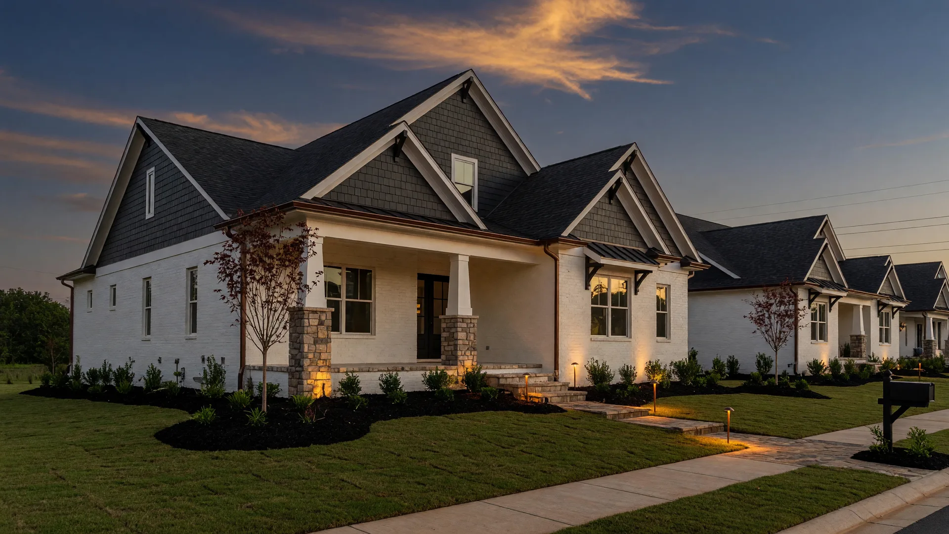 New luxury construction home in a Gwinnett County subdivision at golden hour