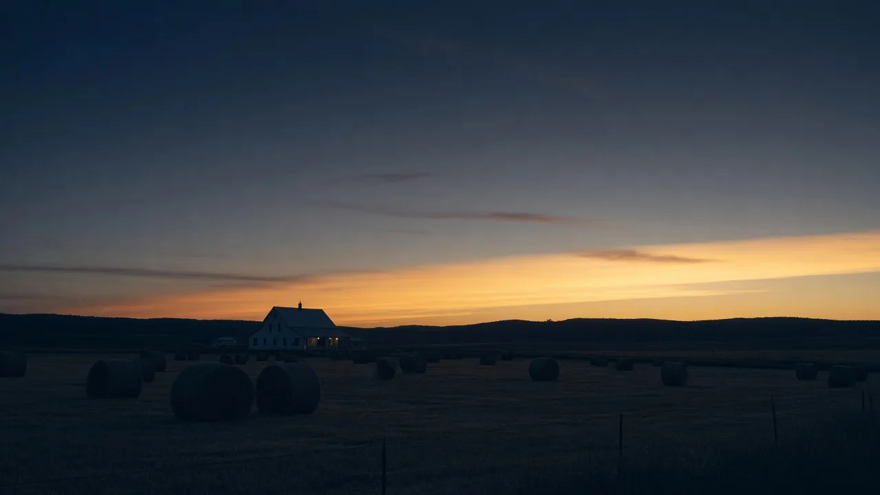 Idaho farmland at dusk with hay bales and a farmhouse silhouetted against an amber sky
