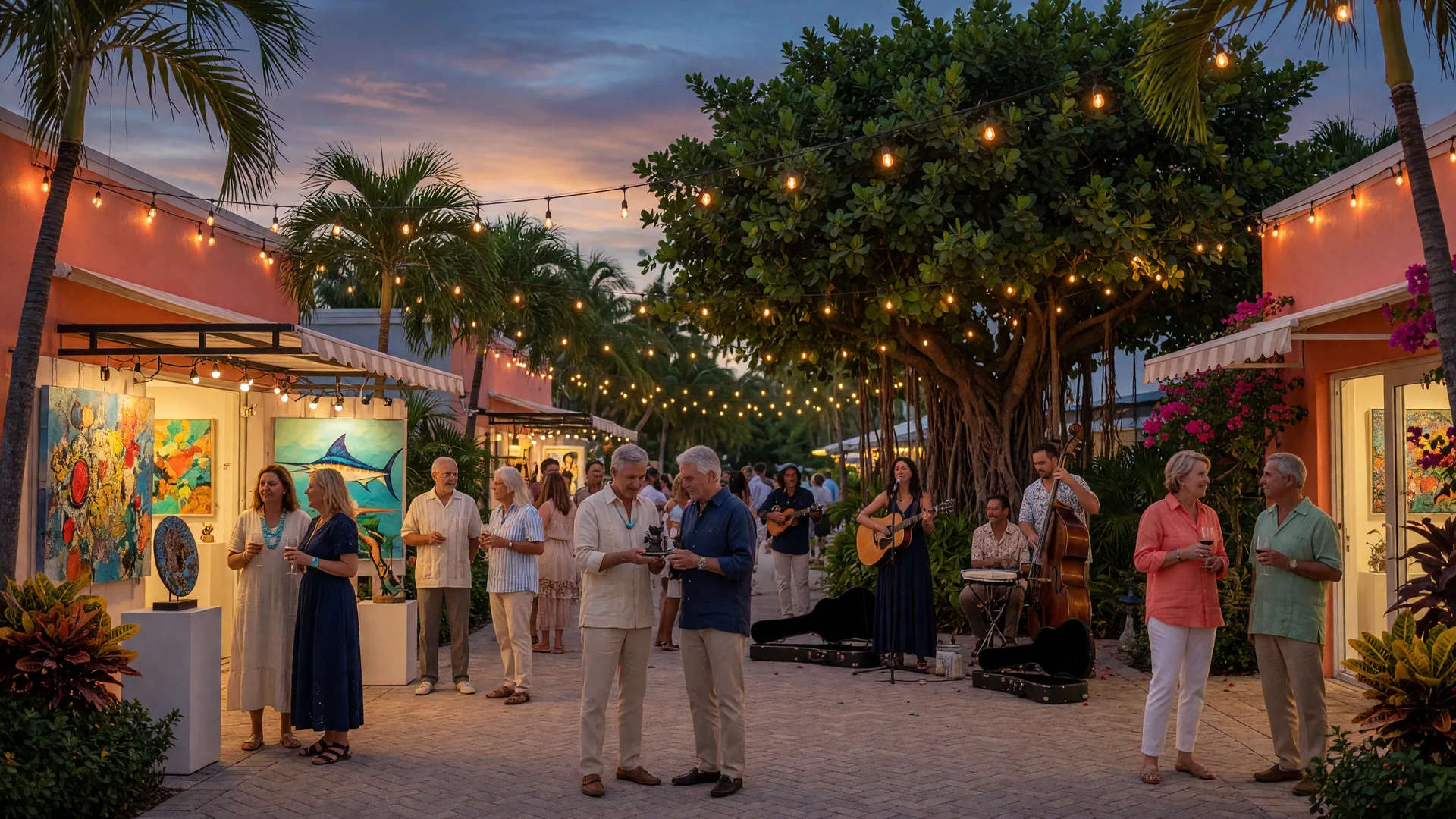 Evening art walk in Islamorada with guests browsing open-air galleries under string lights along Morada Way with tropical foliage