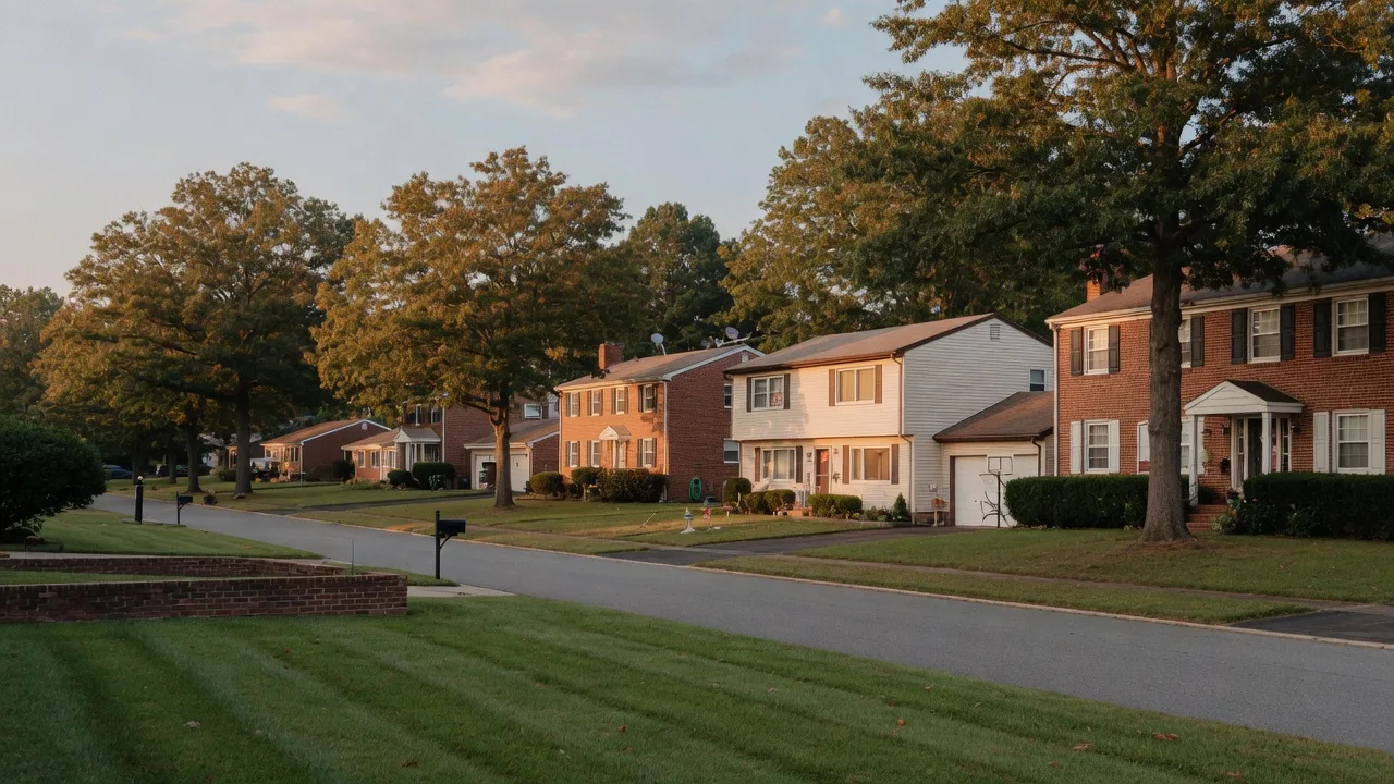 A quiet tree-lined suburban street of brick and vinyl-sided homes in Prince George's County, Maryland in late-afternoon light