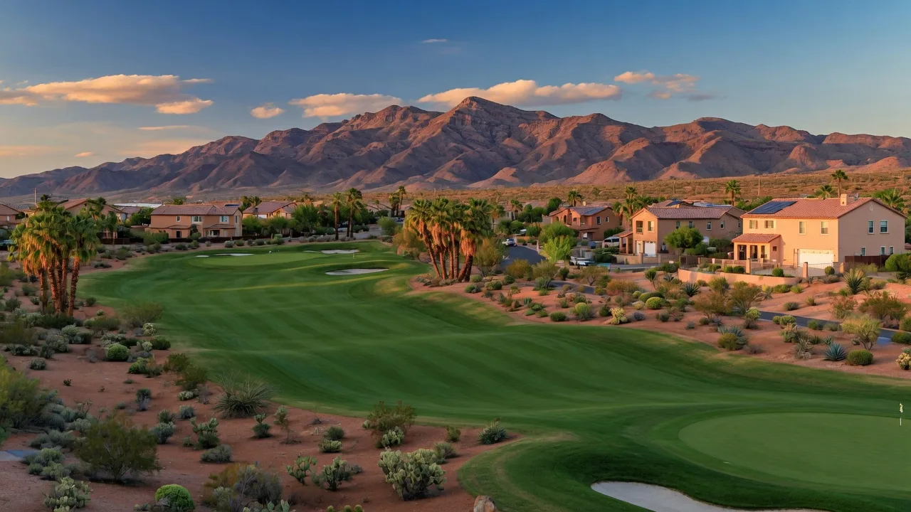 The Aliante golf fairways at golden hour with desert landscaping, palm trees and the Sheep mountain foothills of North Las Vegas beyond
