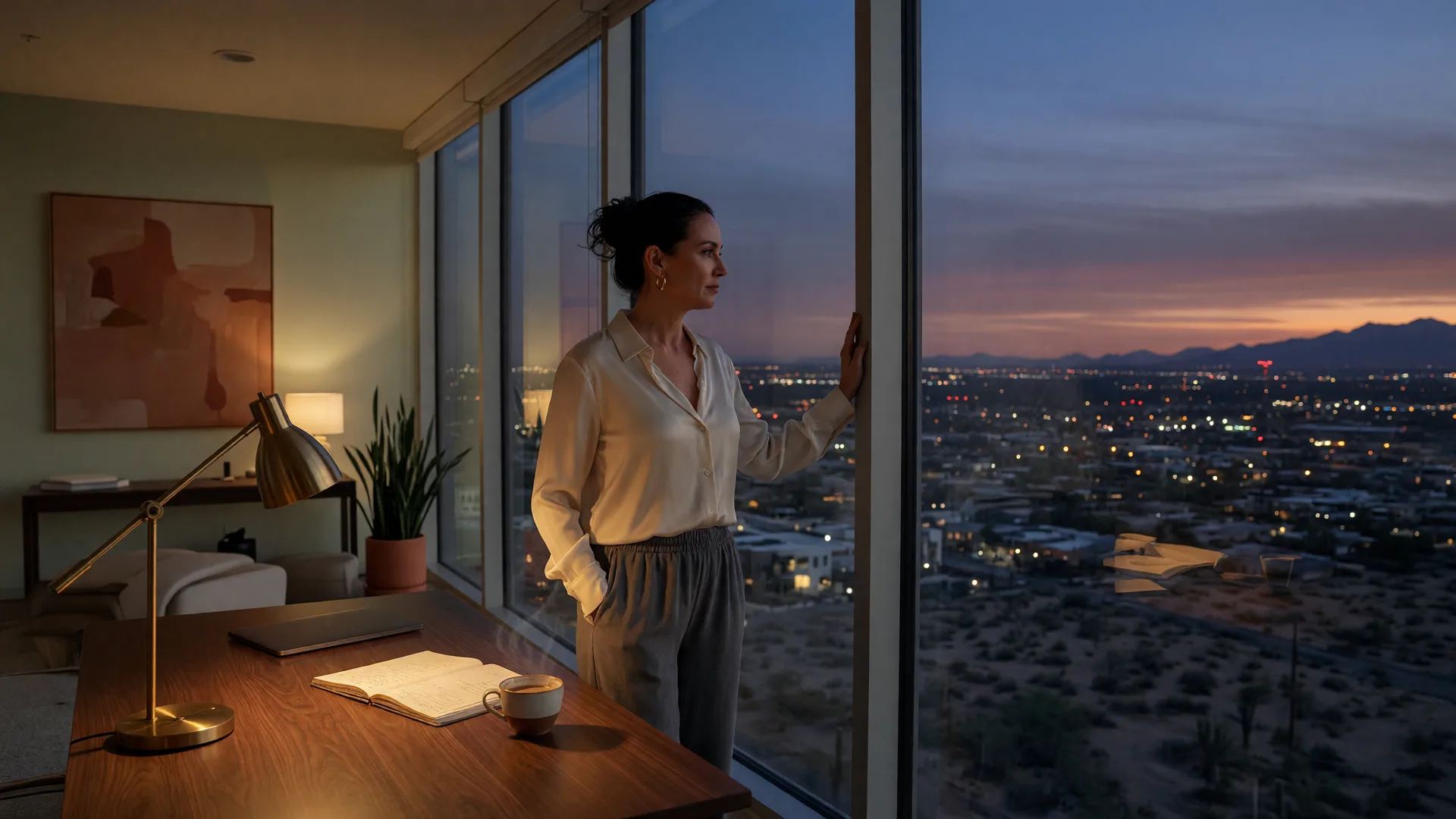 Person standing at a window at twilight looking out over the Phoenix valley, contemplating an important decision