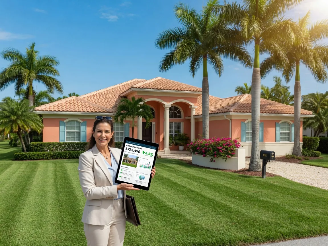 Real estate agent holding a tablet with a home valuation report in front of a South Florida home
