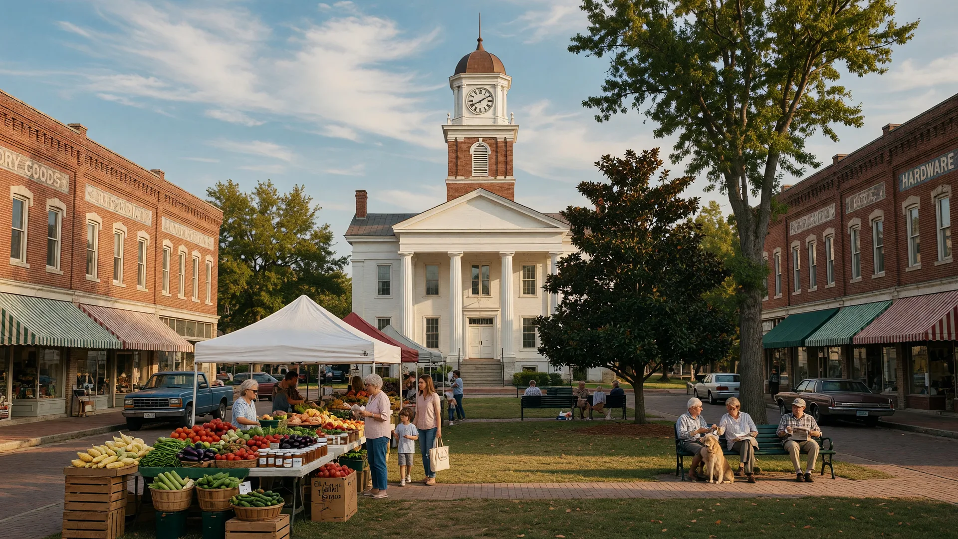 The white courthouse on the tree-shaded square in Scottsville, Kentucky