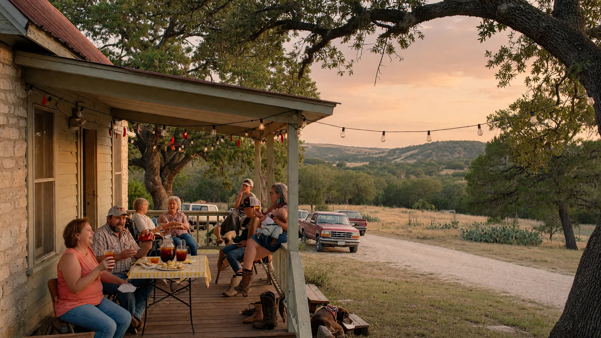 Neighbors gathering on a Texas Hill Country front porch at golden hour with string lights overhead, live oak trees framing the scene, warm and welcoming atmosphere
