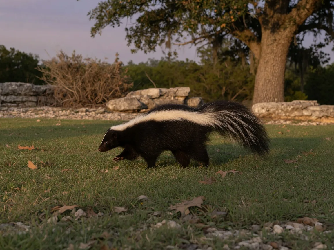 A striped skunk with black-and-white stripes crossing a Hill Country yard at dusk.