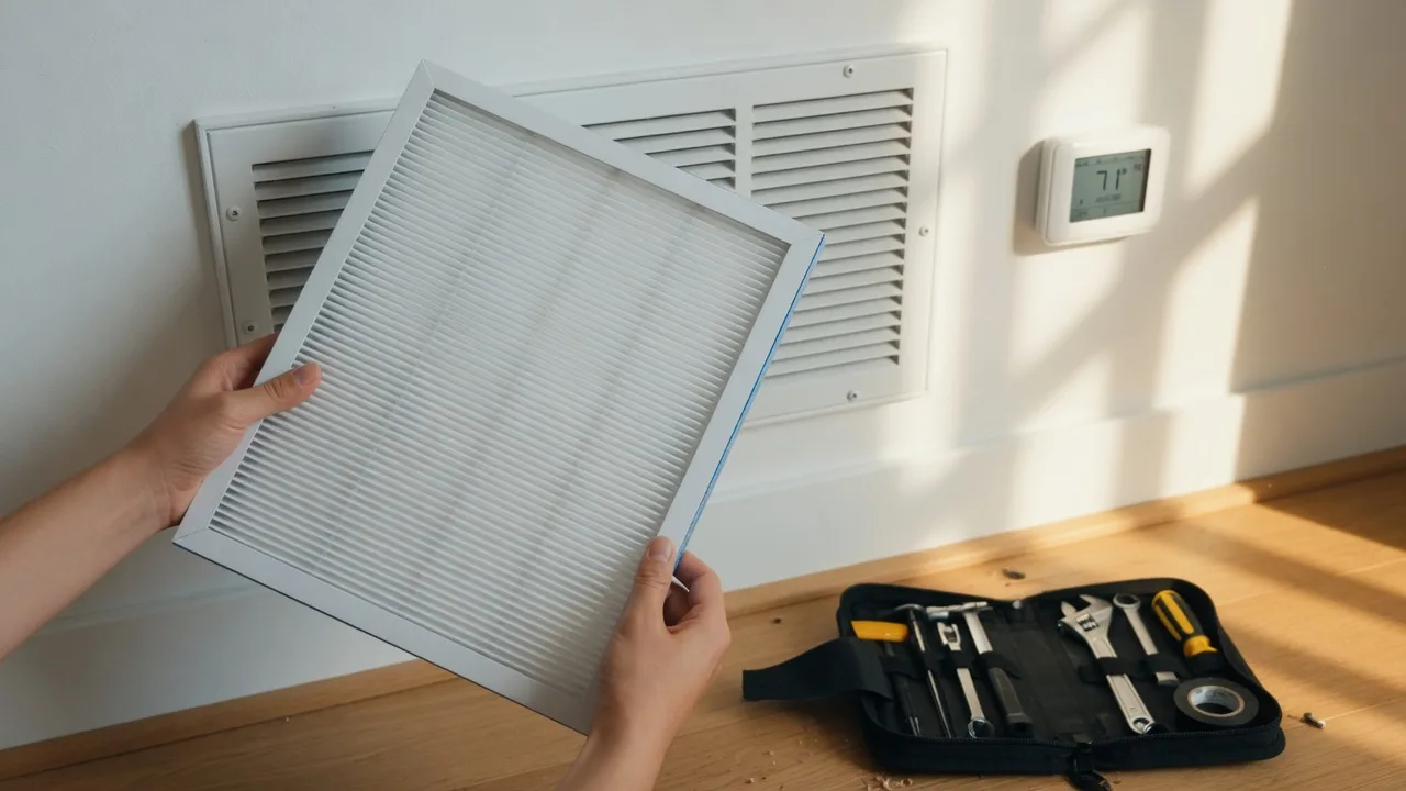 Hands holding an HVAC air filter in front of a white wall vent with a small toolkit on the floor, warm afternoon home lighting