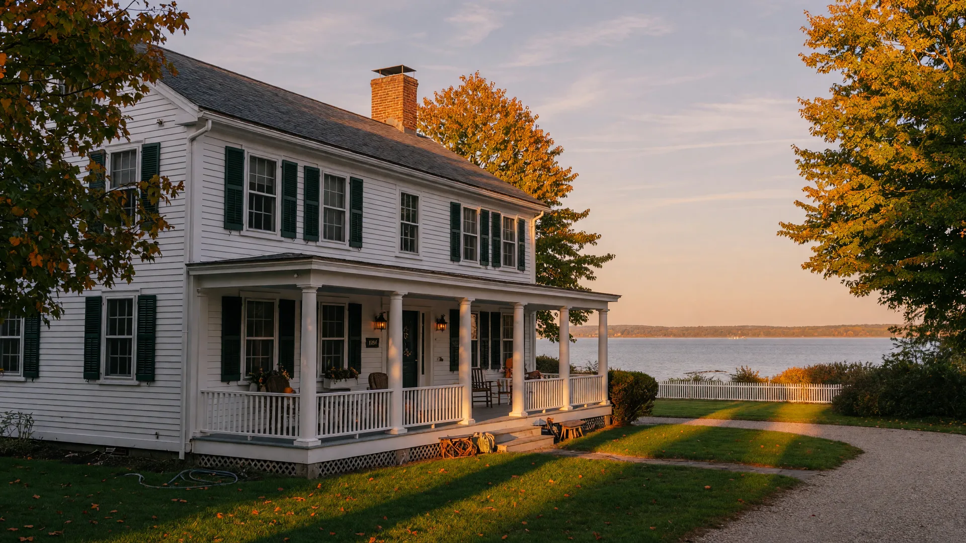 A classic white clapboard New England colonial home in Guilford, Connecticut at golden hour, with dark shutters, a welcoming front porch, early autumn maples, and Long Island Sound beyond the rooftops