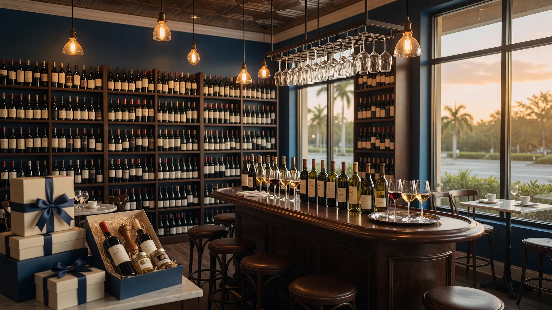 Upscale wine and spirits marketplace interior in North Naples, Florida with deep ocean blue wine racks, a dark wood tasting bar with stemware, and warm pendant lighting