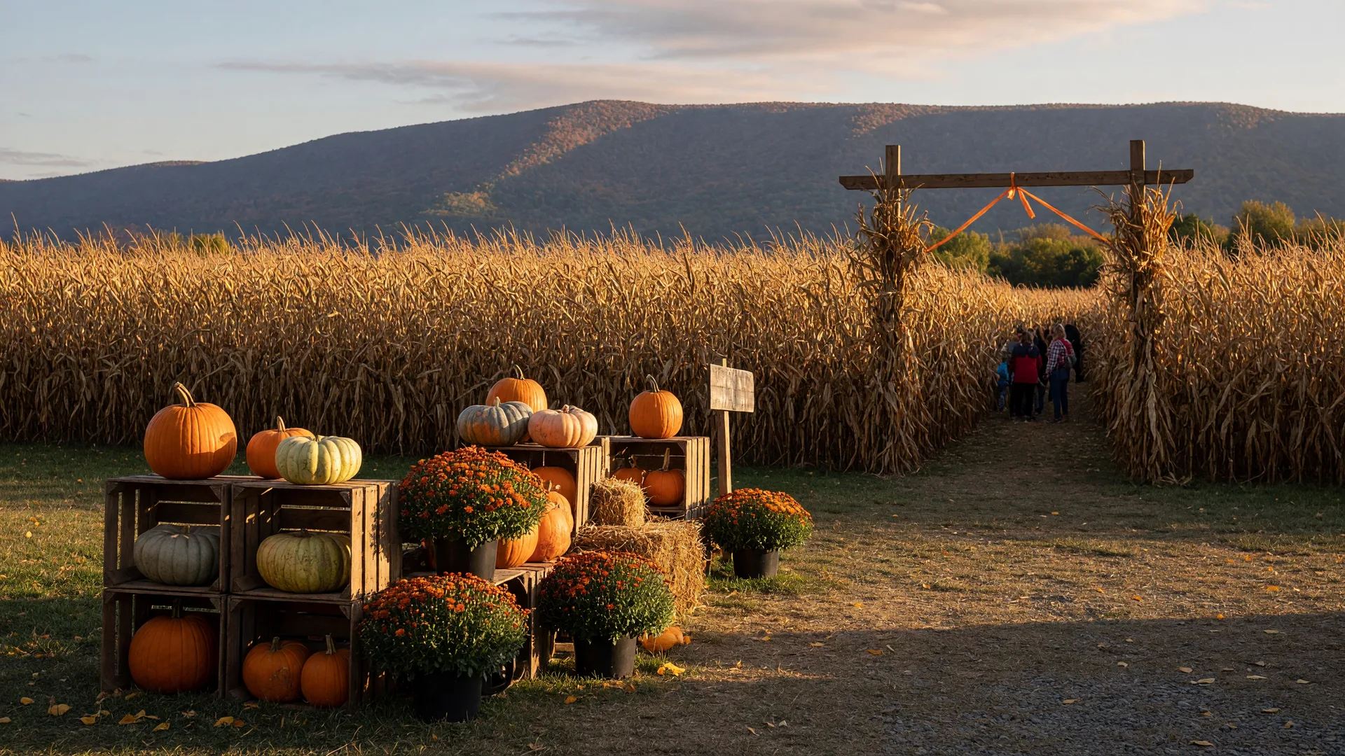 A farm stand in rural Lehigh County at the end of September, with pumpkins and potted mums in front of a corn field and the Blue Mountain ridge showing early fall color