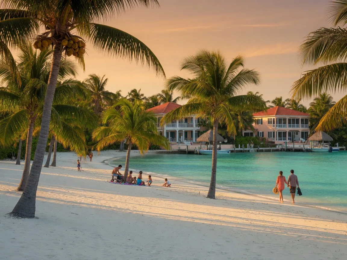 Sombrero Beach in Marathon at late afternoon with white sand, coconut palms, turquoise water, and luxury waterfront homes visible through the trees