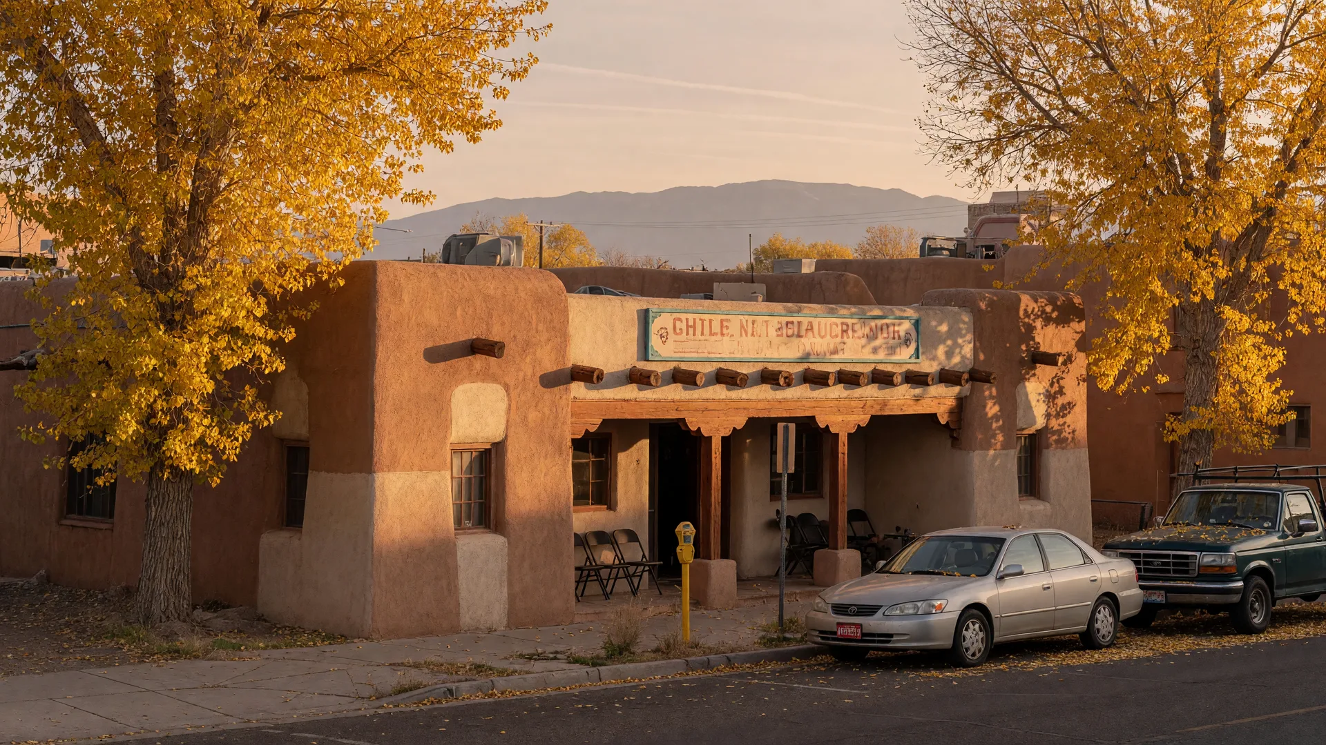 Monroe's New Mexican Restaurant front on 4th Street in Downtown Albuquerque glowing in warm afternoon light with cottonwoods and the Sandia Mountains in the distance