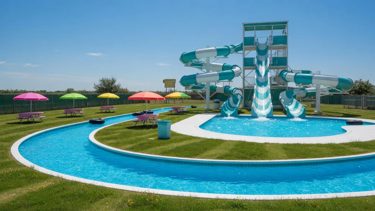 Summer Fun Waterpark's turquoise slides and pool in bright summer sun
