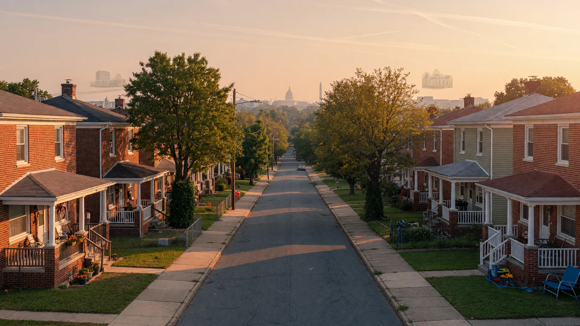 Brick bungalows on a tree-lined street in Capitol Heights, Maryland in warm late-afternoon light