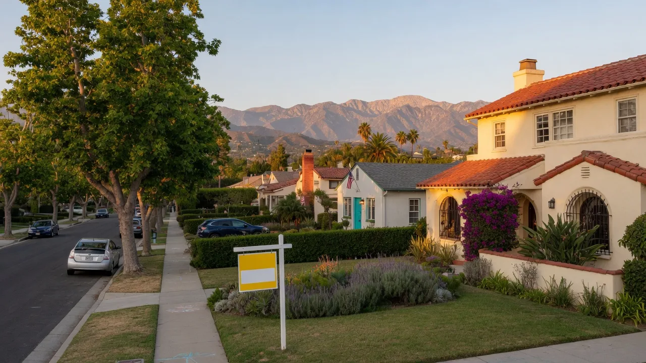 A sunlit Los Angeles County home with a For Sale sign in front, San Gabriel Mountains in the distance