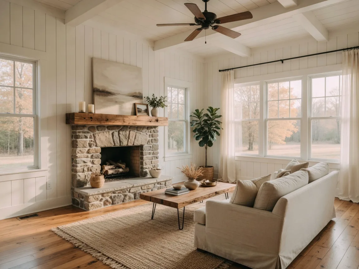 Bright open-concept living room with stone fireplace in Westhaven, Franklin TN