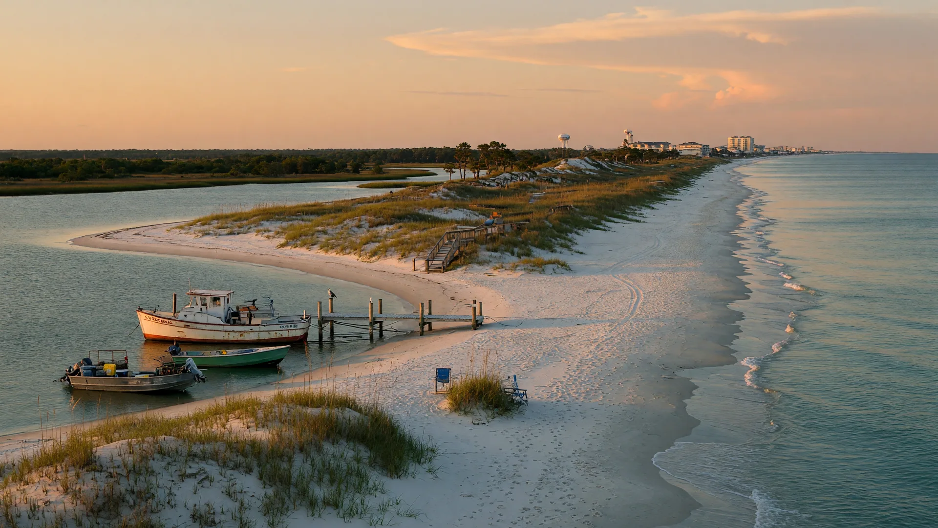 White sand beach and calm turquoise Gulf water at golden hour on the Alabama Gulf Coast, with small boats moored in a quiet bay inlet