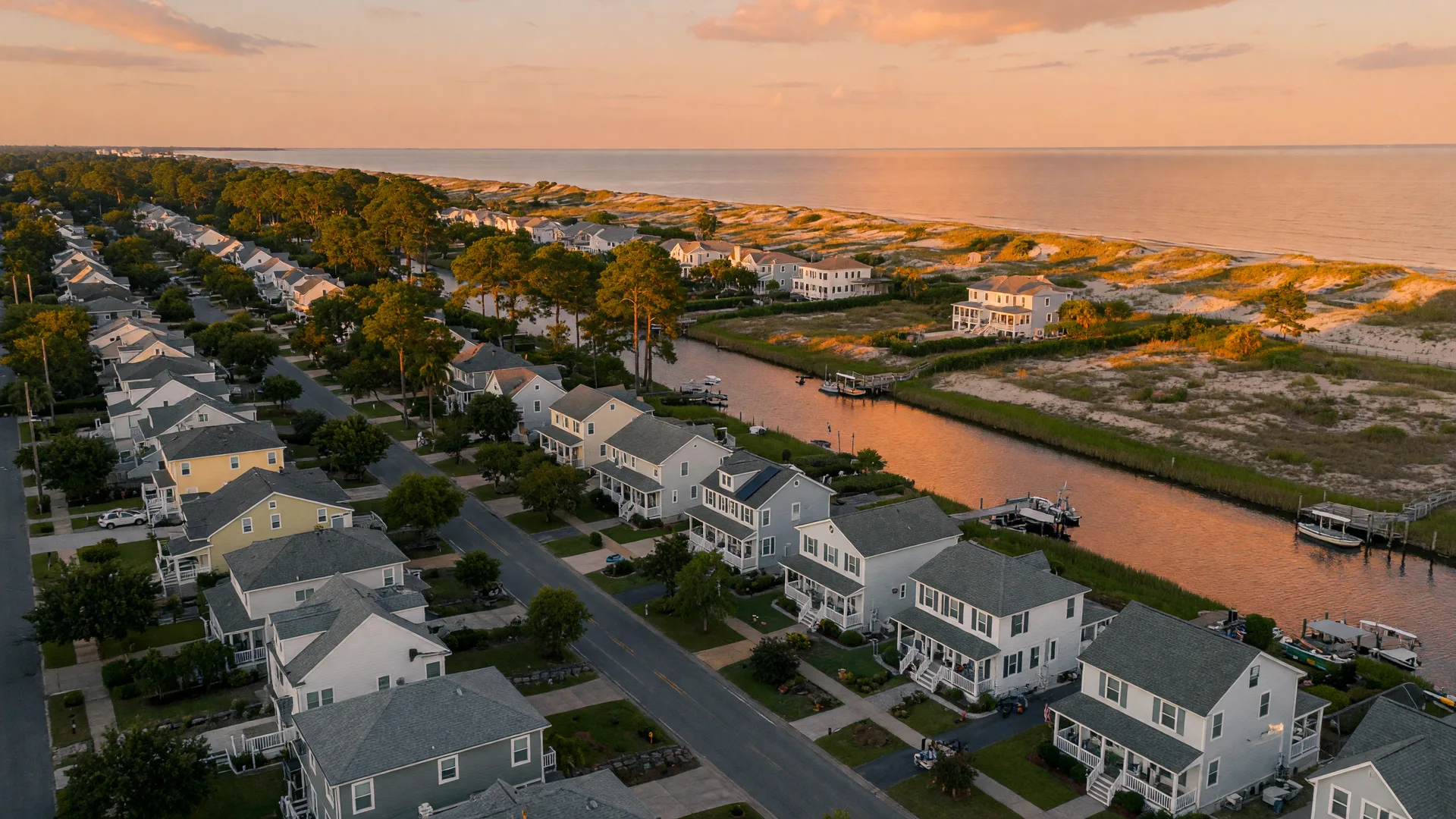 A wide aerial view of a Delaware coastal community with homes along the water