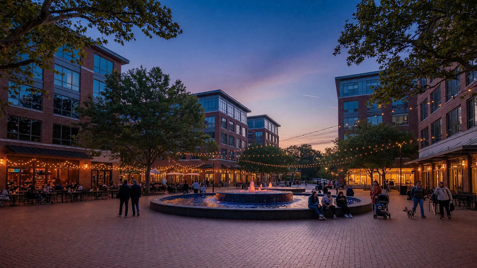 Rockville Town Square at dusk with its fountain plaza and glowing storefronts