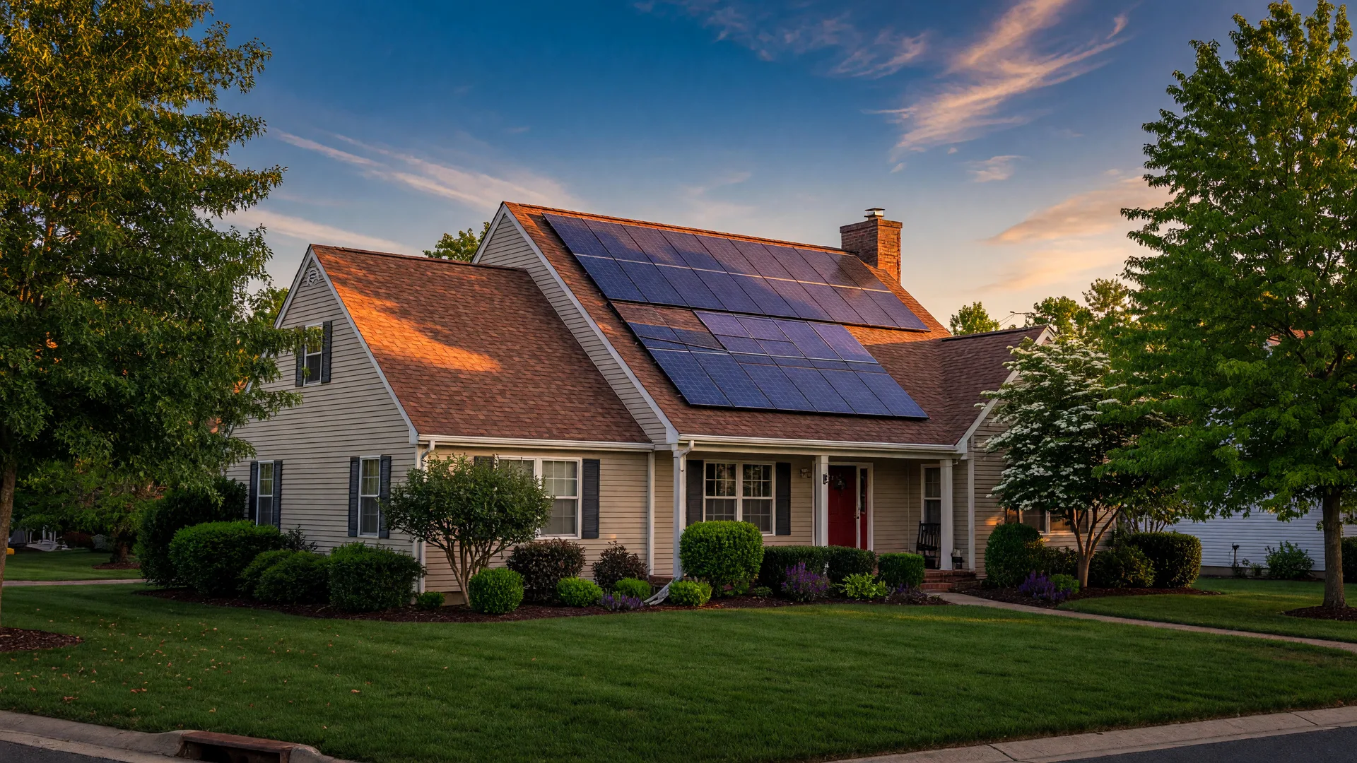 Suburban South Jersey home with a freshly installed architectural shingle roof and solar panels at golden hour