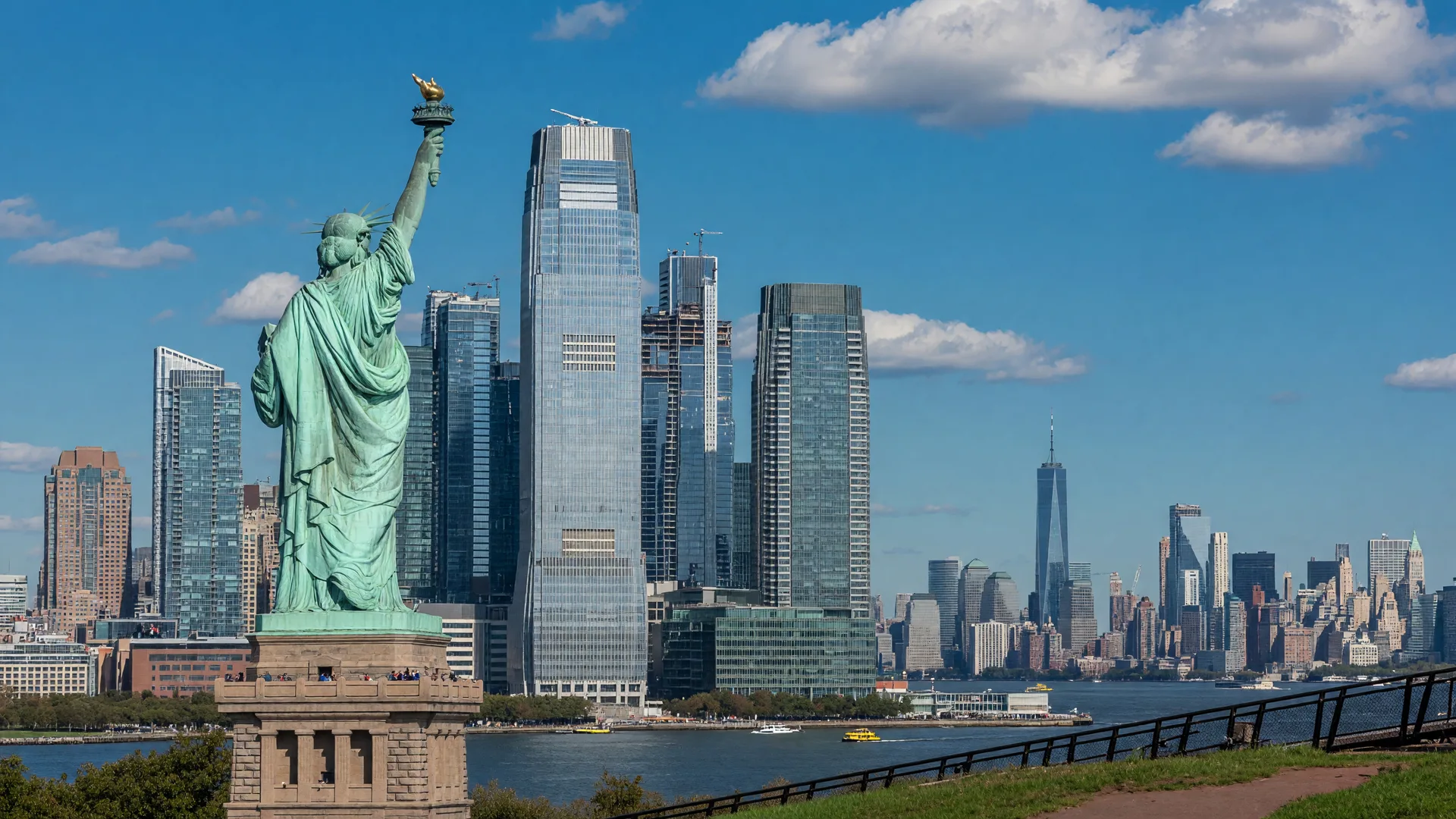 Jersey City skyline from Liberty State Park with Statue of Liberty