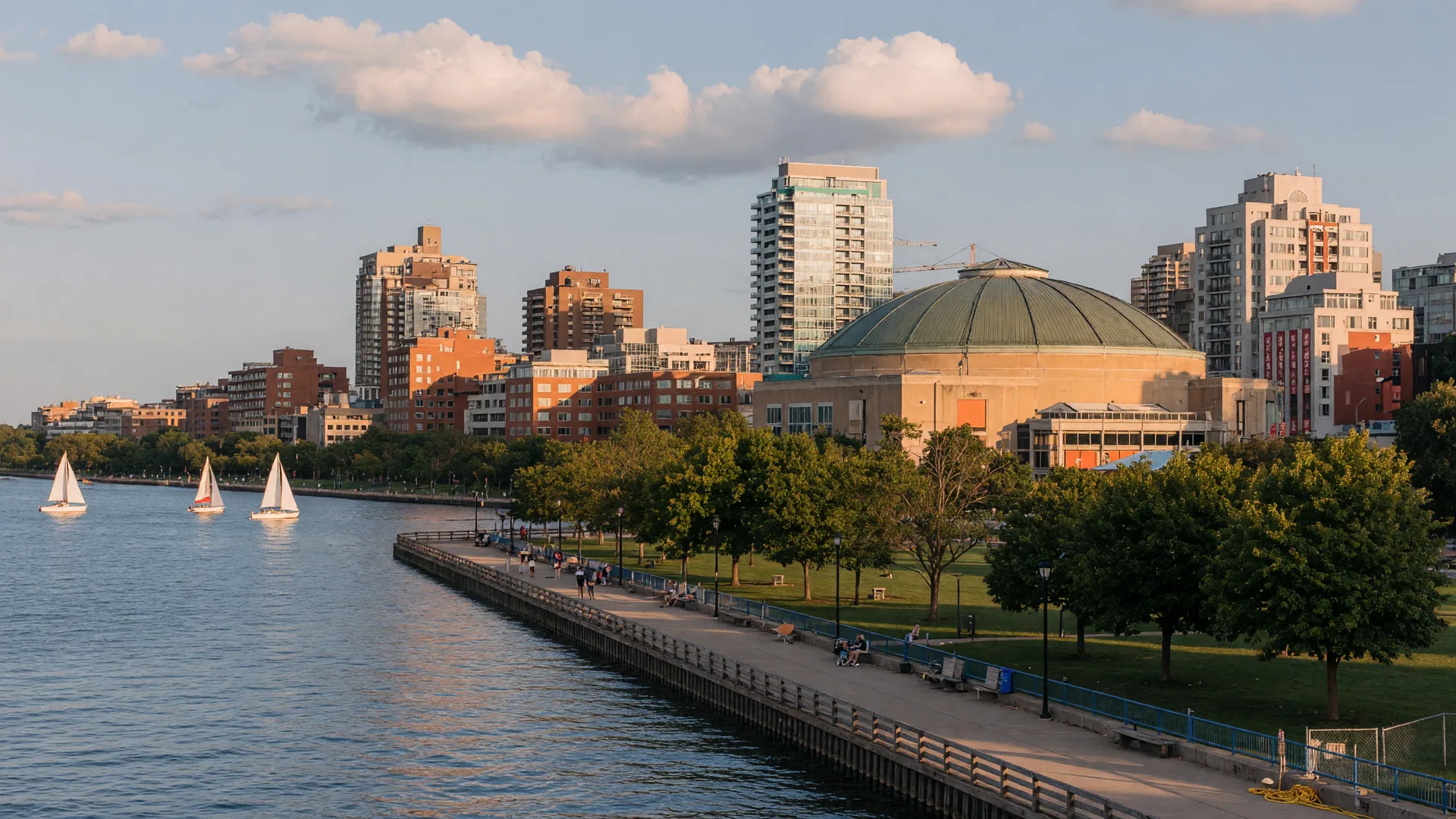 Oshawa skyline beside Lake Ontario at golden hour