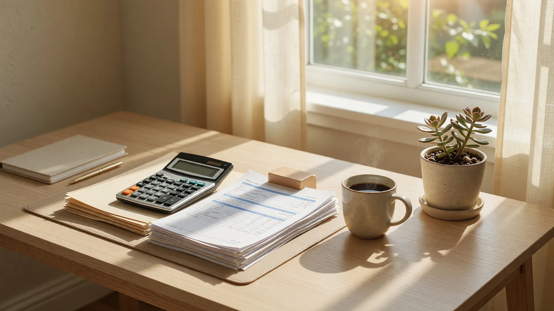 A bright home office desk with a financial calculator, stack of mortgage documents, and a coffee mug beside a sunny window