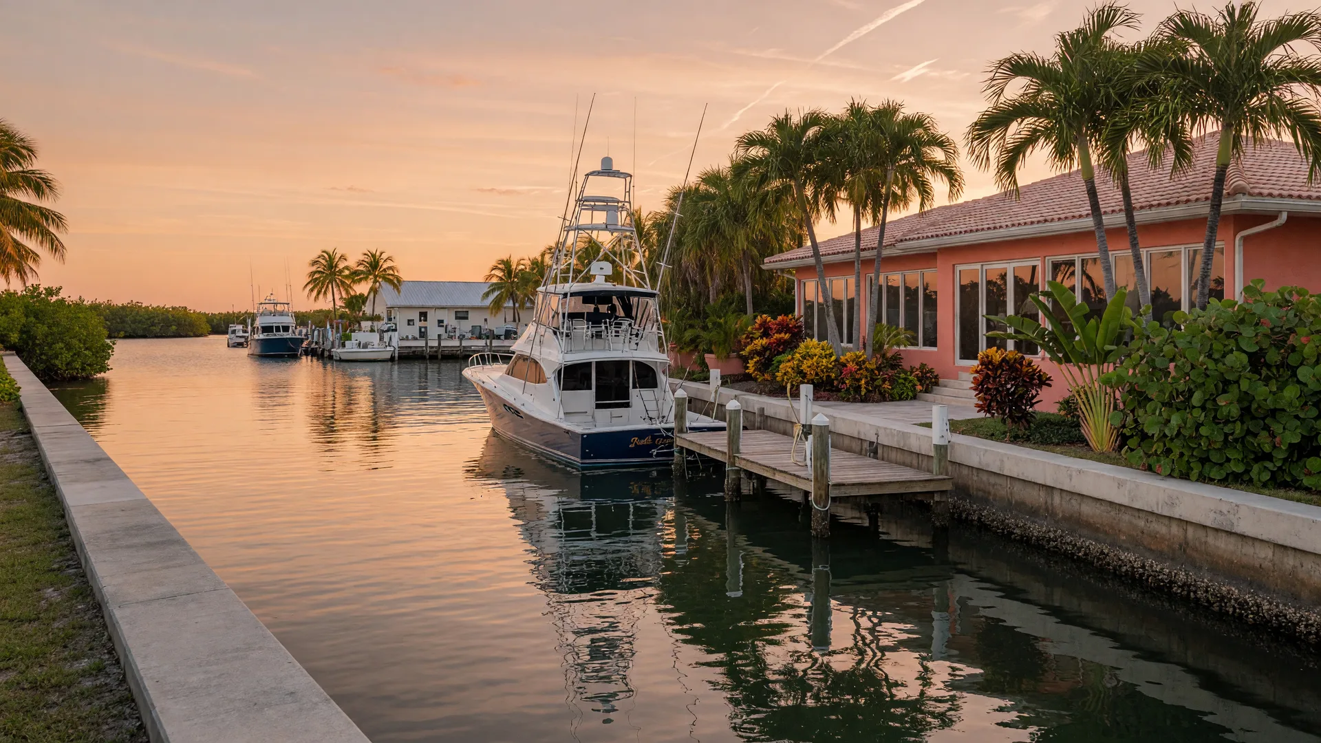A deep-water canal in Marathon, Florida Keys, at golden hour with a luxury waterfront home, a private dock and a sportfishing yacht on calm protected water