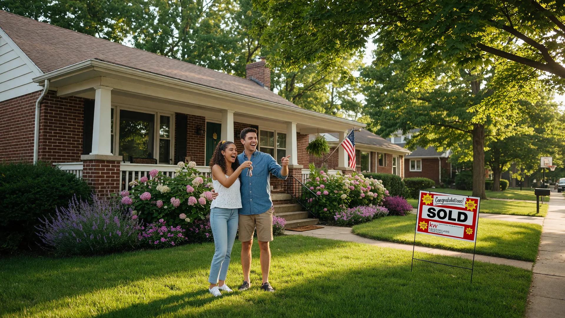 A young couple receiving the keys to their first home in a Dayton Ohio neighborhood on a bright summer morning